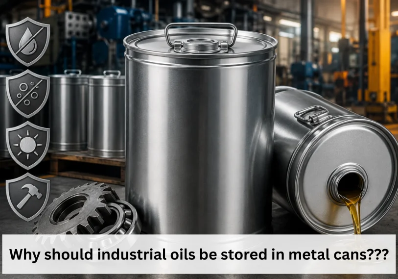 Why should industrial oils like refrigeration oils be stored in metal cans instead of plastic containers?